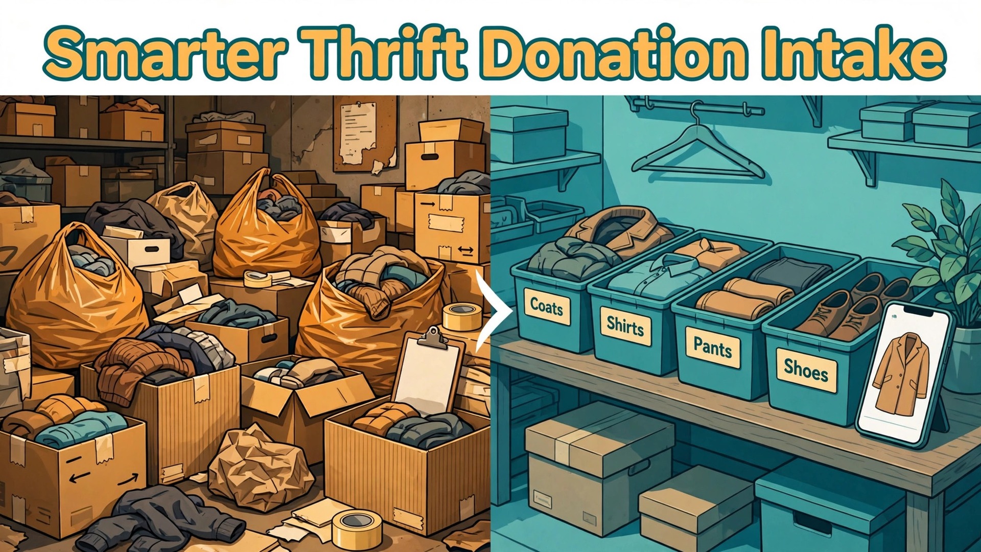 use AI for thrift store donation intake thumbnail: Crowded donation room compared with a tidy sorted intake bench