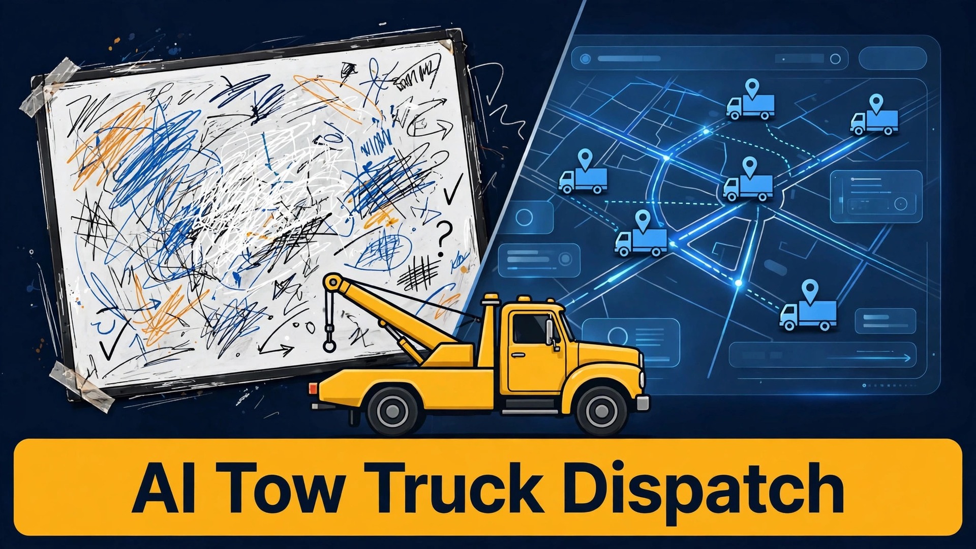 use AI for tow truck dispatch coordination thumbnail: Cluttered whiteboard compared with a clean digital dispatch board