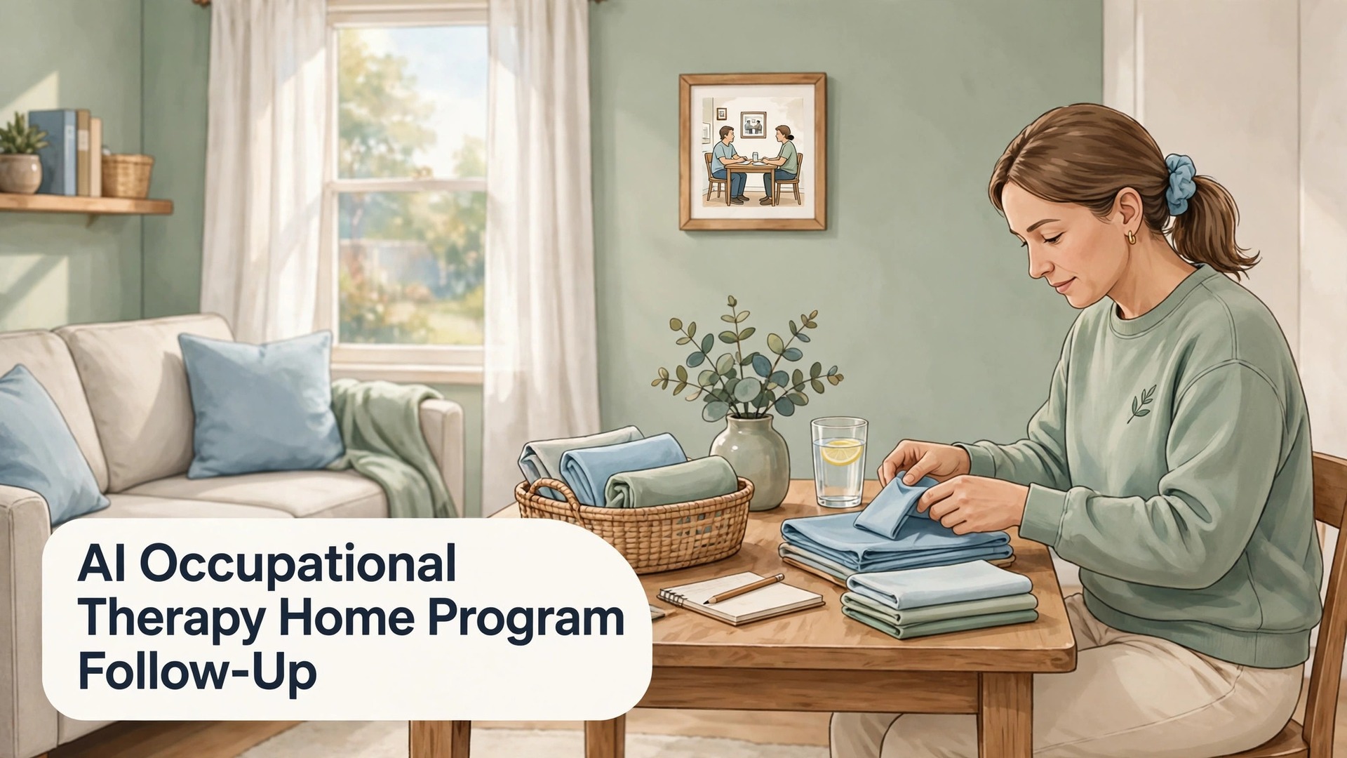 use AI for occupational therapy home program follow up thumbnail: Side by side of a clinic session and a home daily task