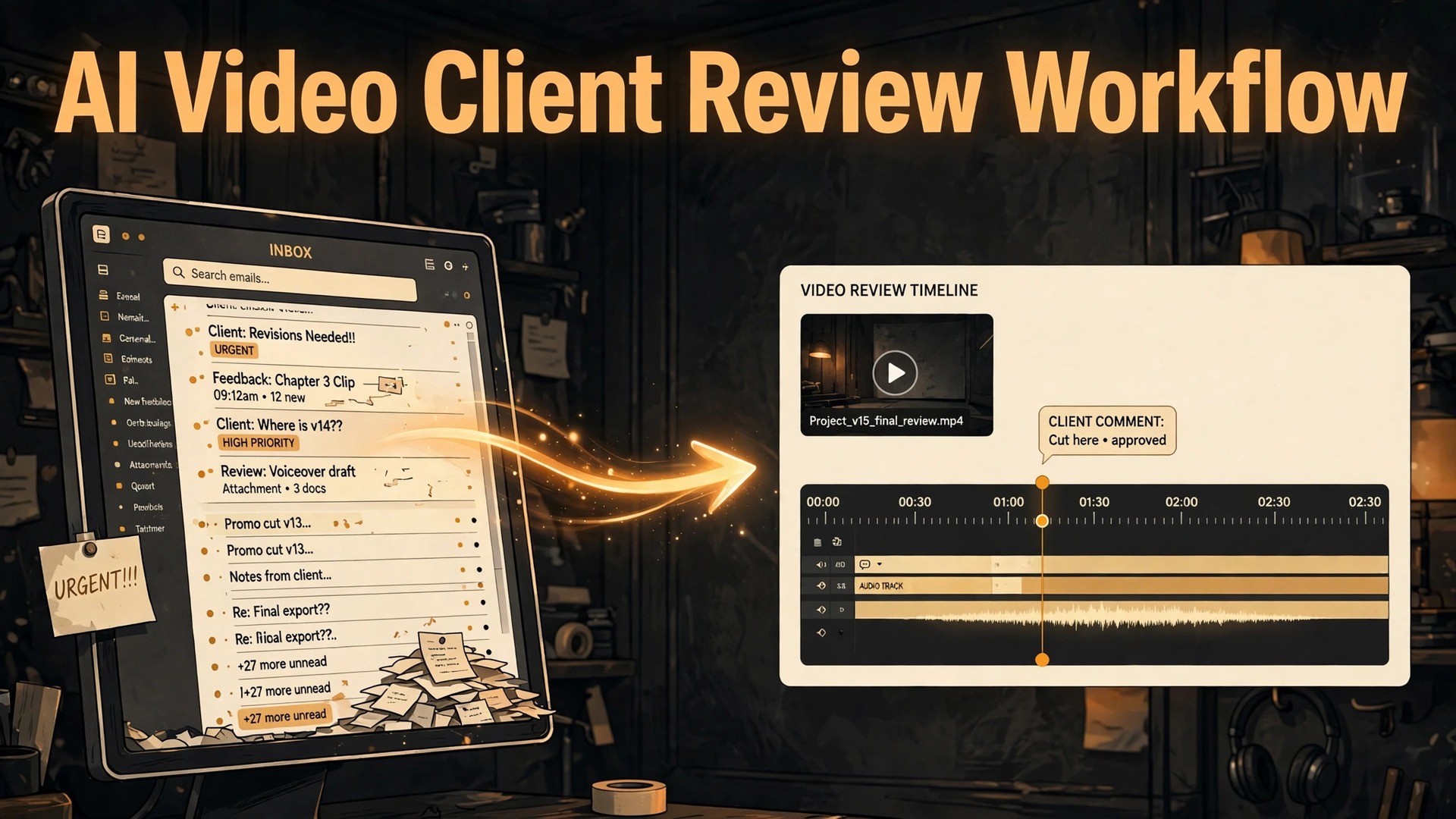 use AI for video production client review workflow thumbnail: Side by side of a messy email feedback inbox and a clean timestamped review timeline