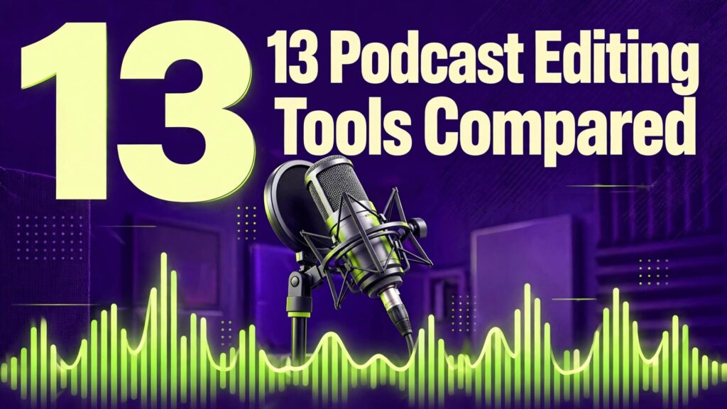 AI tools for podcast editors small business thumbnail: podcast editing tools thumbnail with microphone