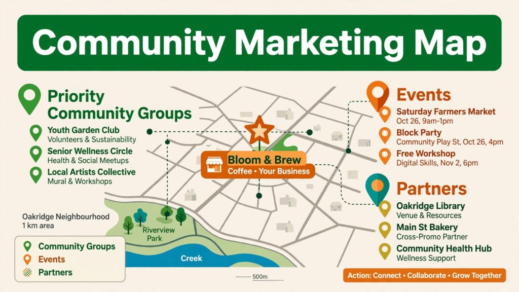 community marketing strategy small business thumbnail: map showing priority community groups, events, and partners around a small business