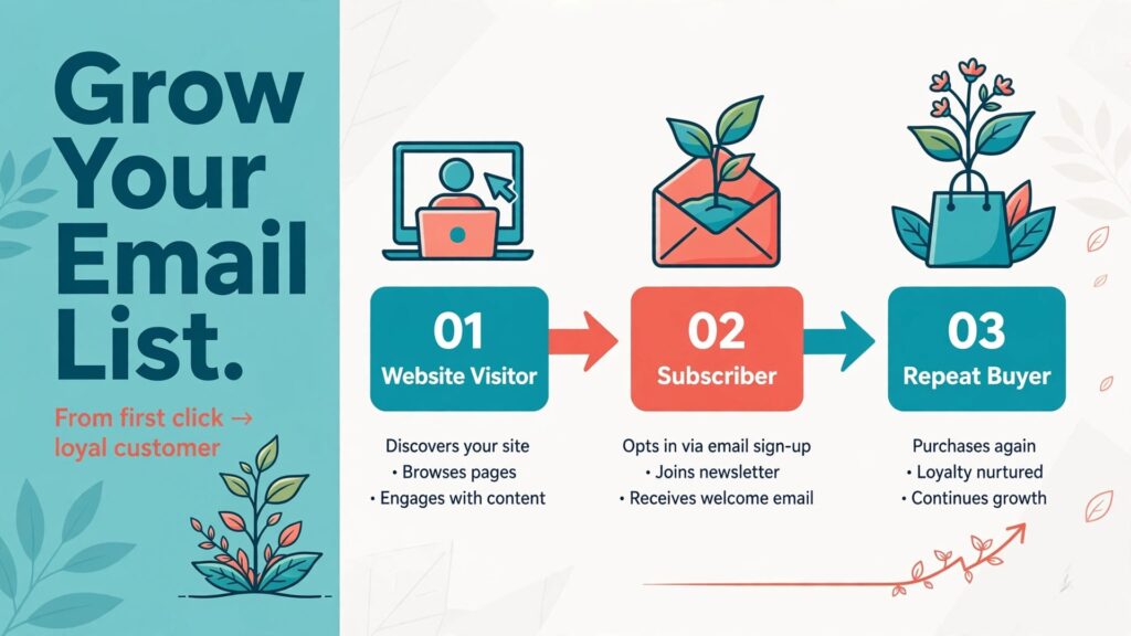 email list growth strategy small business thumbnail: flowchart showing a visitor becoming a subscriber and then a repeat buyer