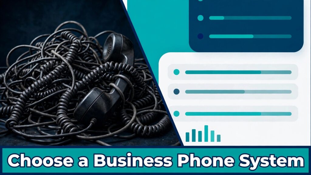 how to choose a business phone system small business thumbnail: Tangled old phone setup compared with a clean modern dashboard