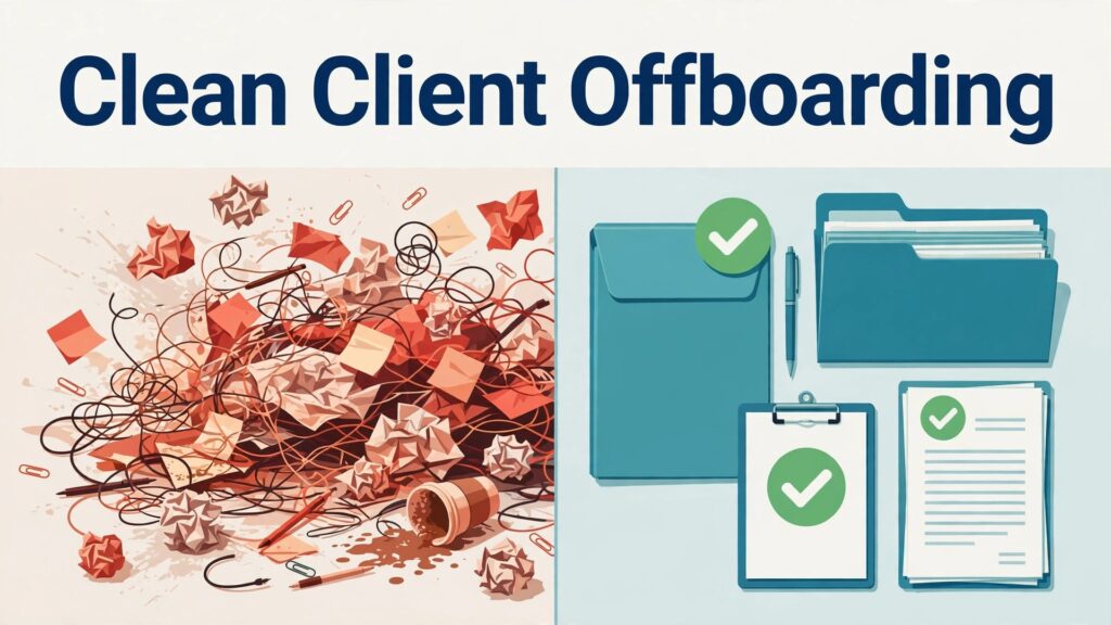 how to create a client offboarding checklist small business thumbnail: Messy project ending compared with a clean signed off handover