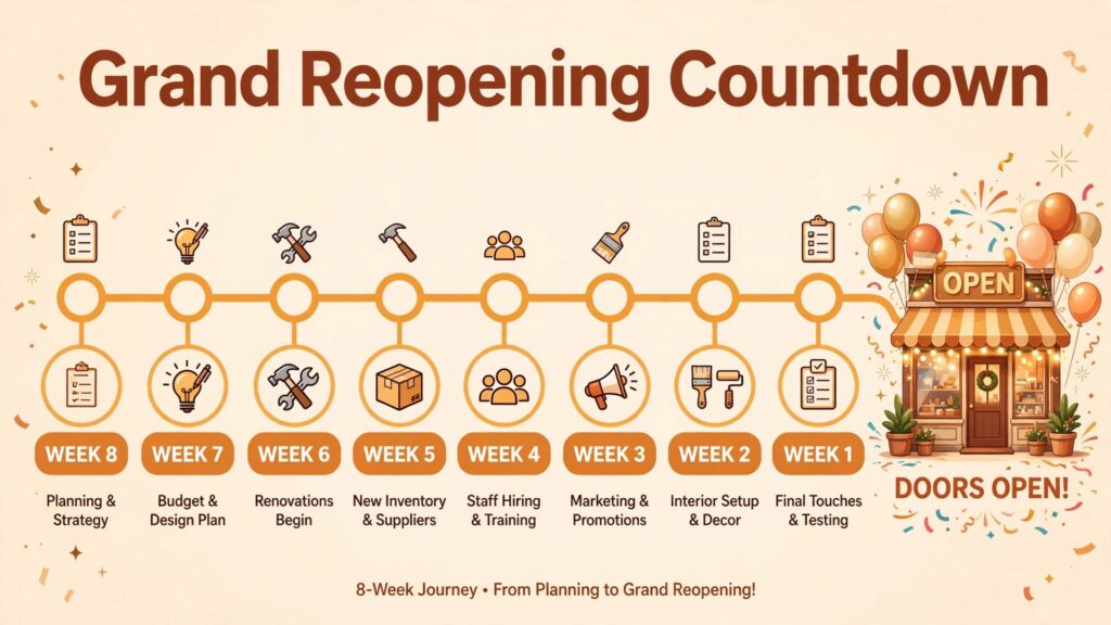 how to plan a grand reopening small business thumbnail: timeline showing an eight week reopening countdown from planning to doors open