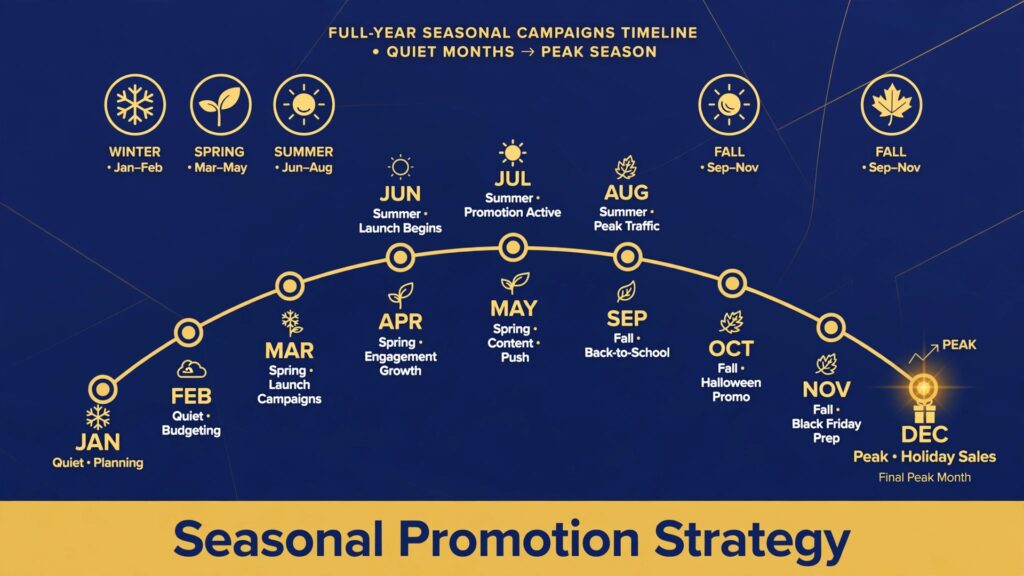 seasonal promotion strategy small business thumbnail: timeline showing a full year of seasonal campaigns from quiet months to peak season