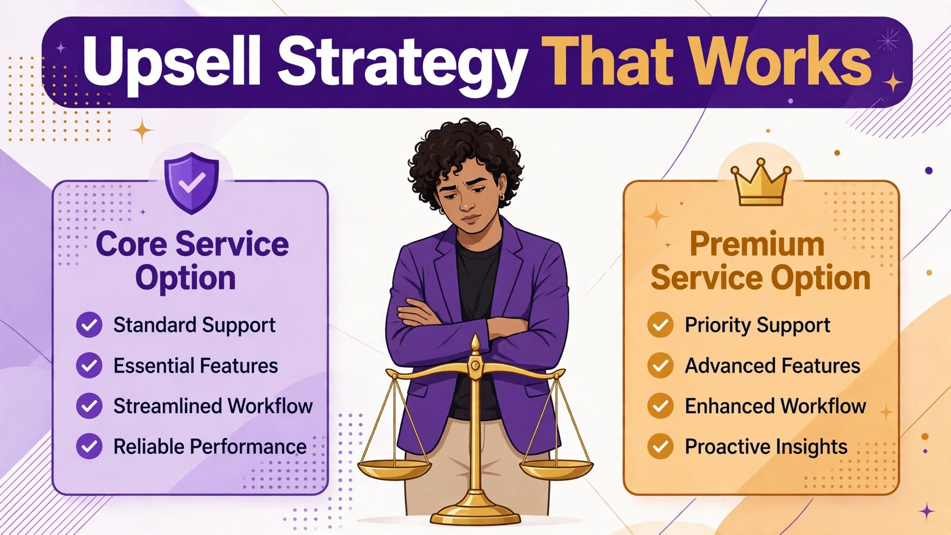 upsell strategy small service business thumbnail: decision showing a client choosing between core and premium service options