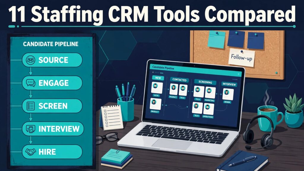 best CRM for staffing agencies small business thumbnail: staffing CRM tools thumbnail with recruiter desk