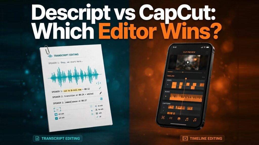 Descript vs CapCut thumbnail comparing transcript editing and social video editing