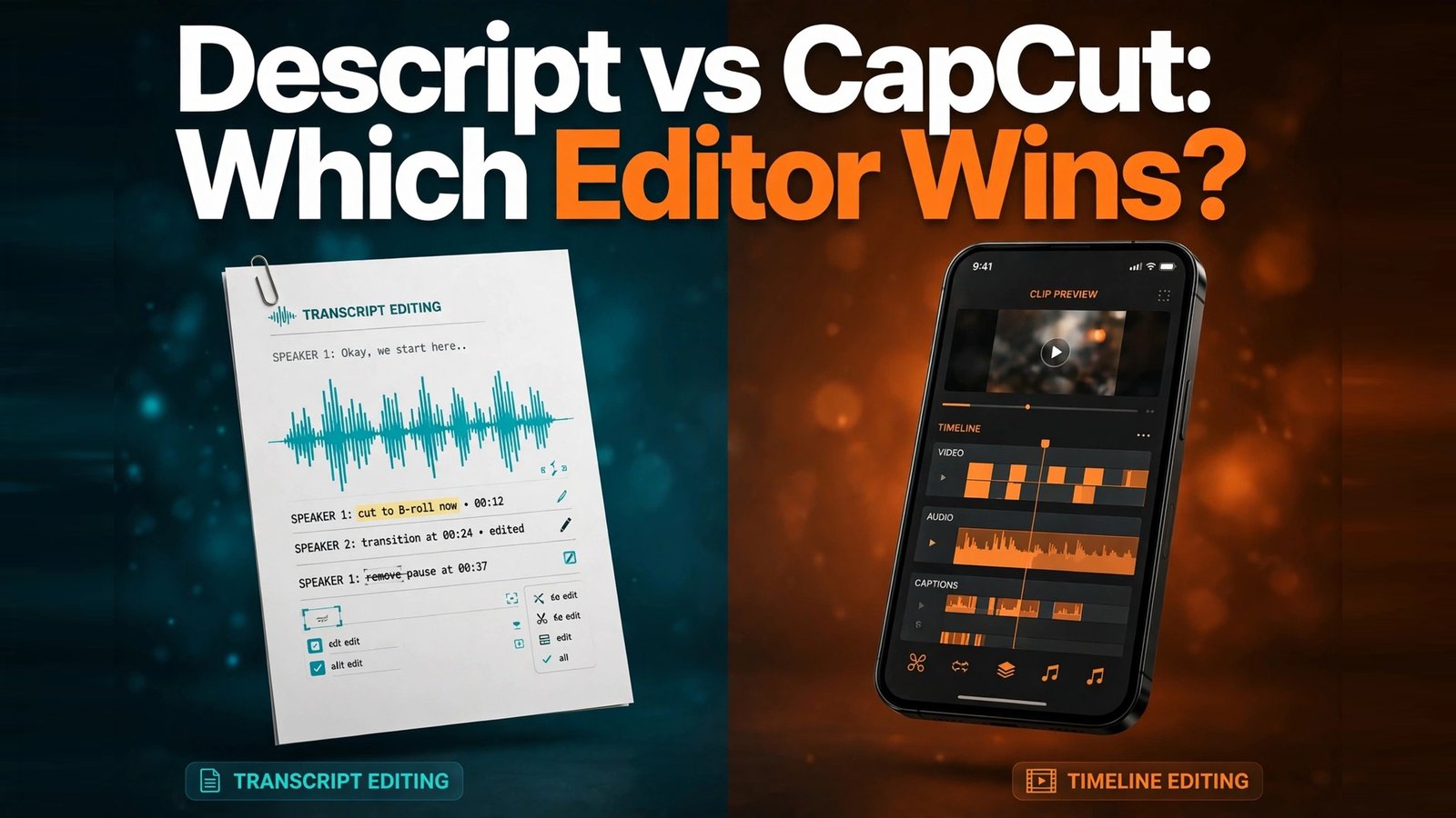 Descript vs CapCut thumbnail comparing transcript editing and social video editing