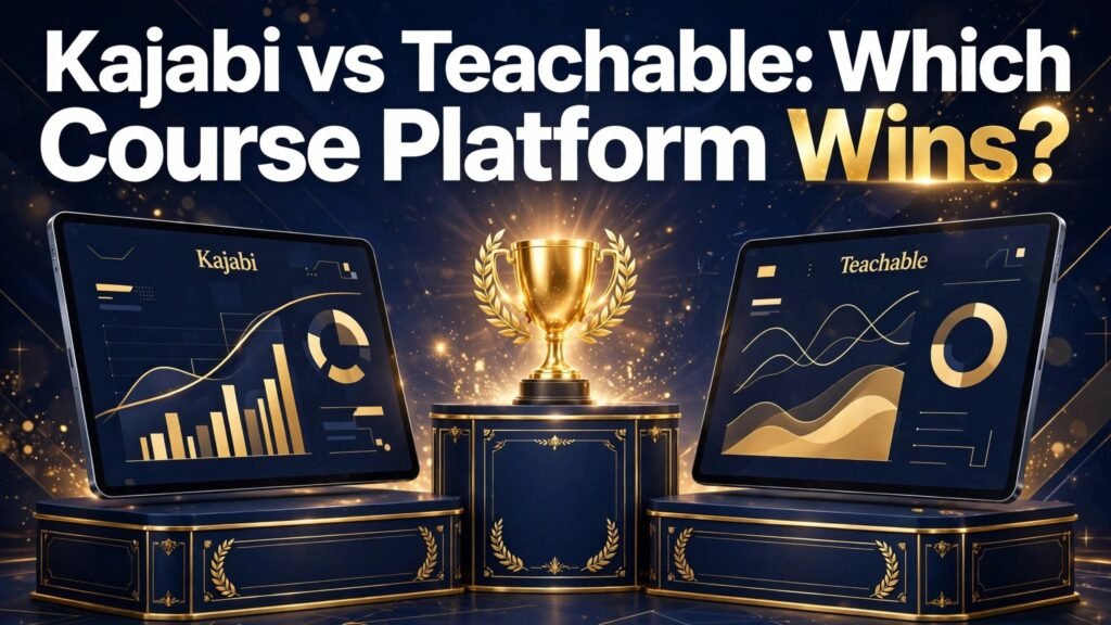 Kajabi vs Teachable thumbnail comparing two course platforms