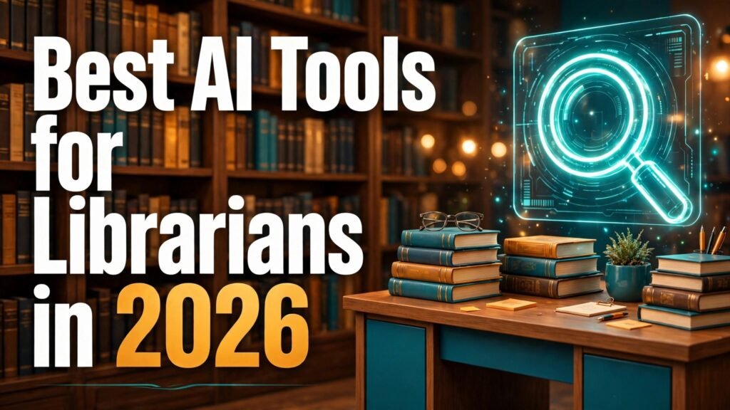Best AI Tools for Librarians in 2026 thumbnail showing a library shelf and search icon