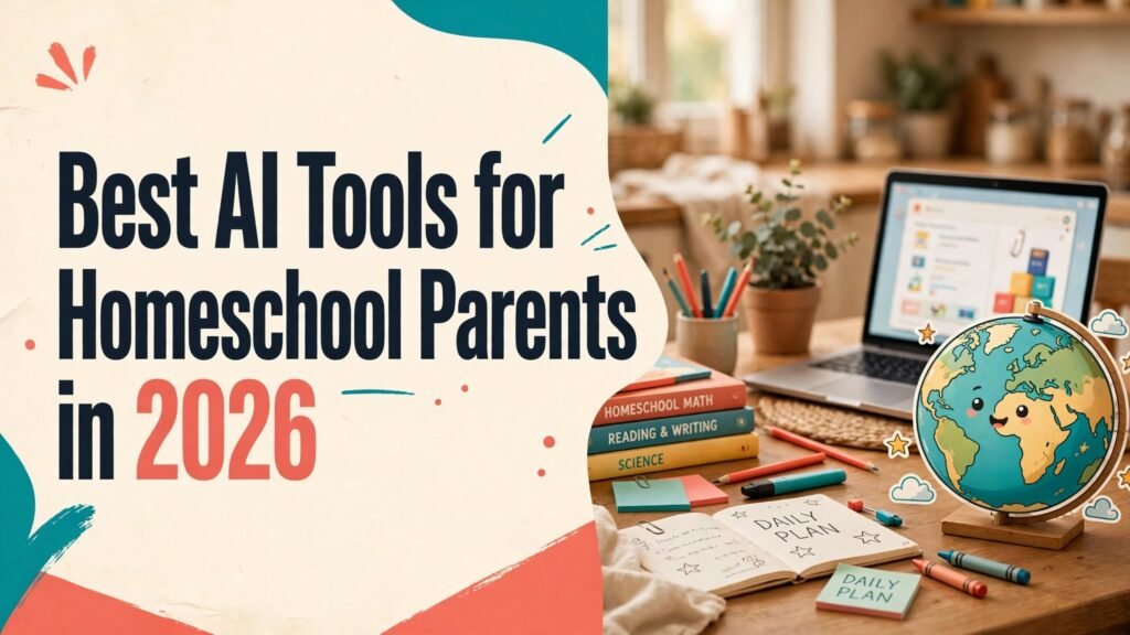Best AI Tools for Homeschool Parents in 2026 thumbnail showing a home learning table with books and a laptop