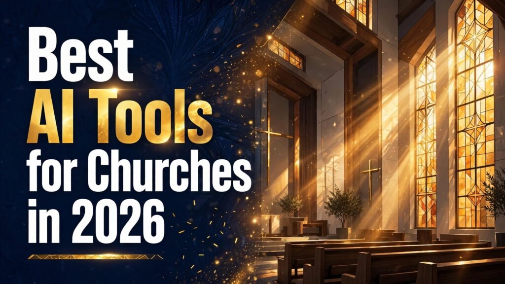 Best AI Tools for Churches in 2026 thumbnail showing a church interior with stained glass light