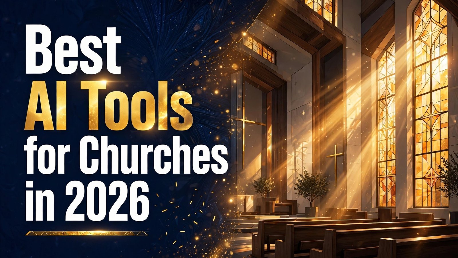 Best AI Tools for Churches in 2026 thumbnail showing a church interior with stained glass light