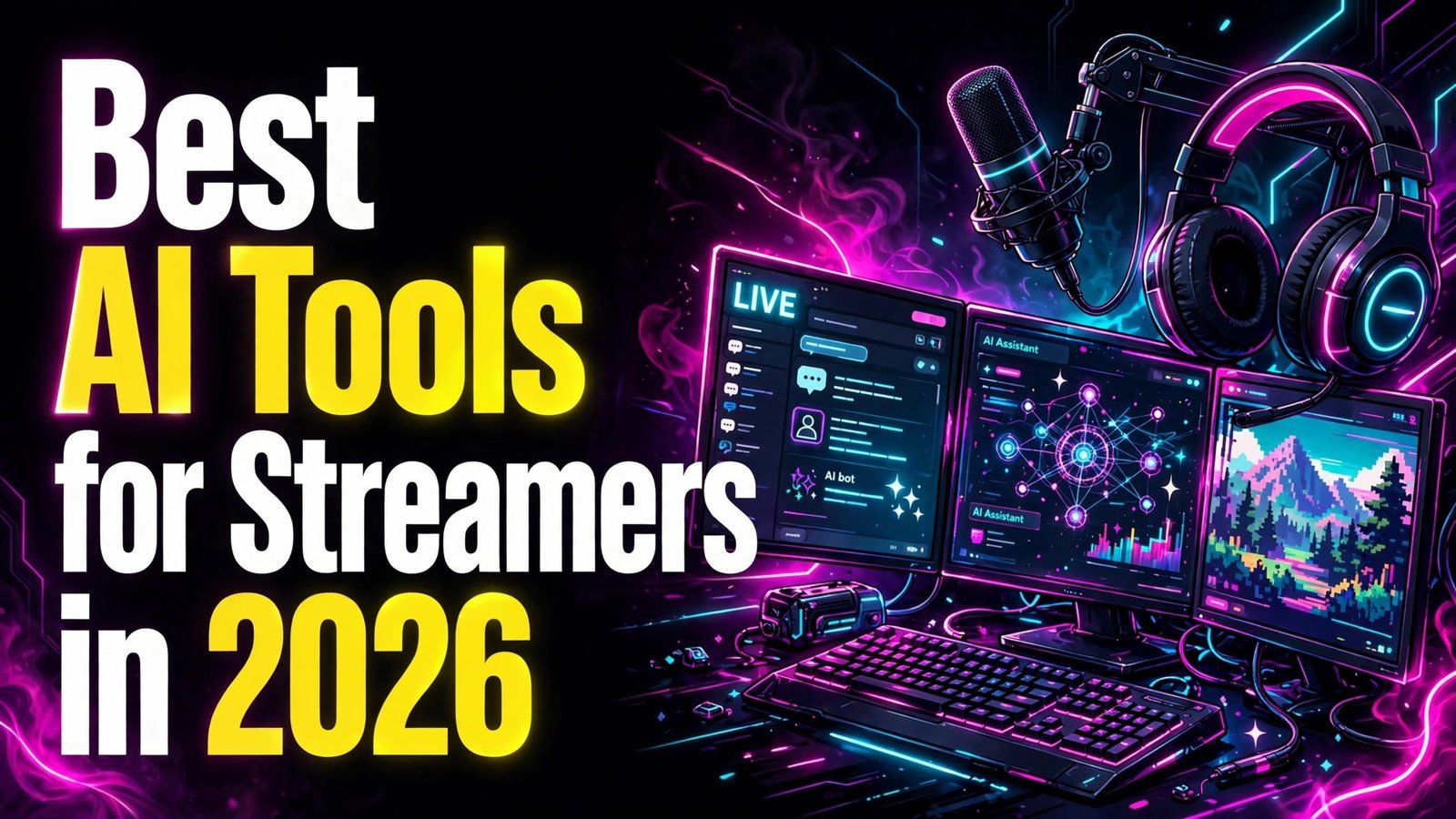 Best AI Tools for Streamers in 2026 thumbnail showing a neon gaming setup with microphone and screens