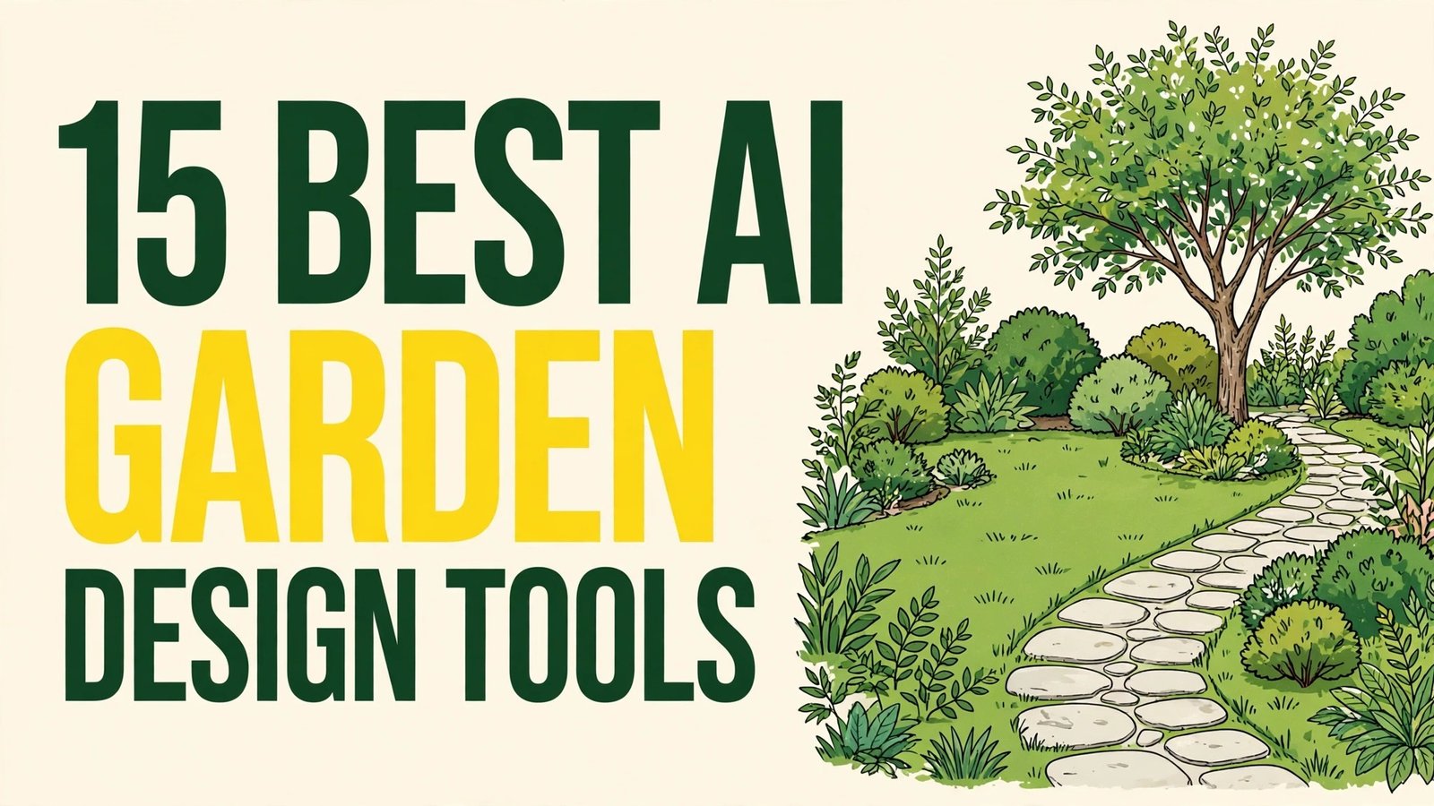 15 best AI garden design tools thumbnail with garden illustration