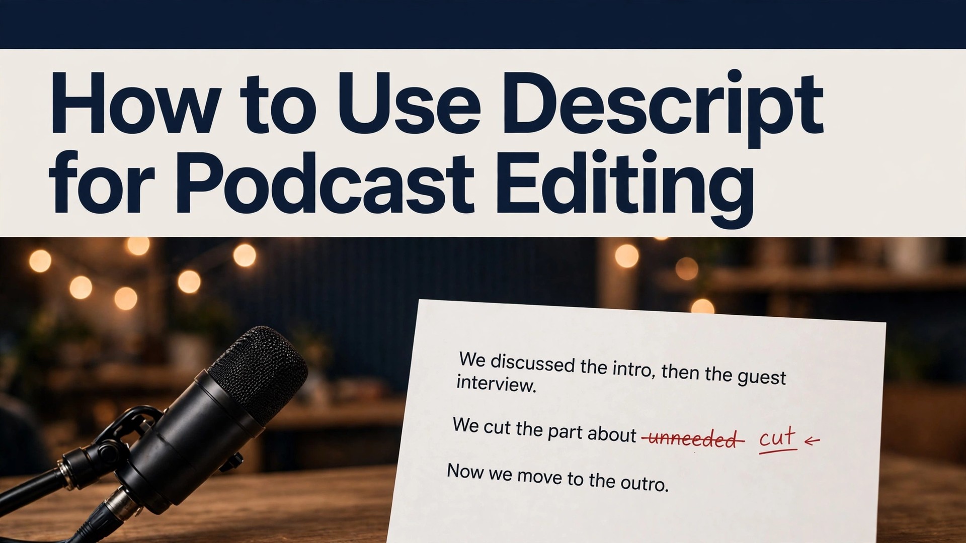 Use Descript for podcast editing thumbnail with microphone and edited transcript