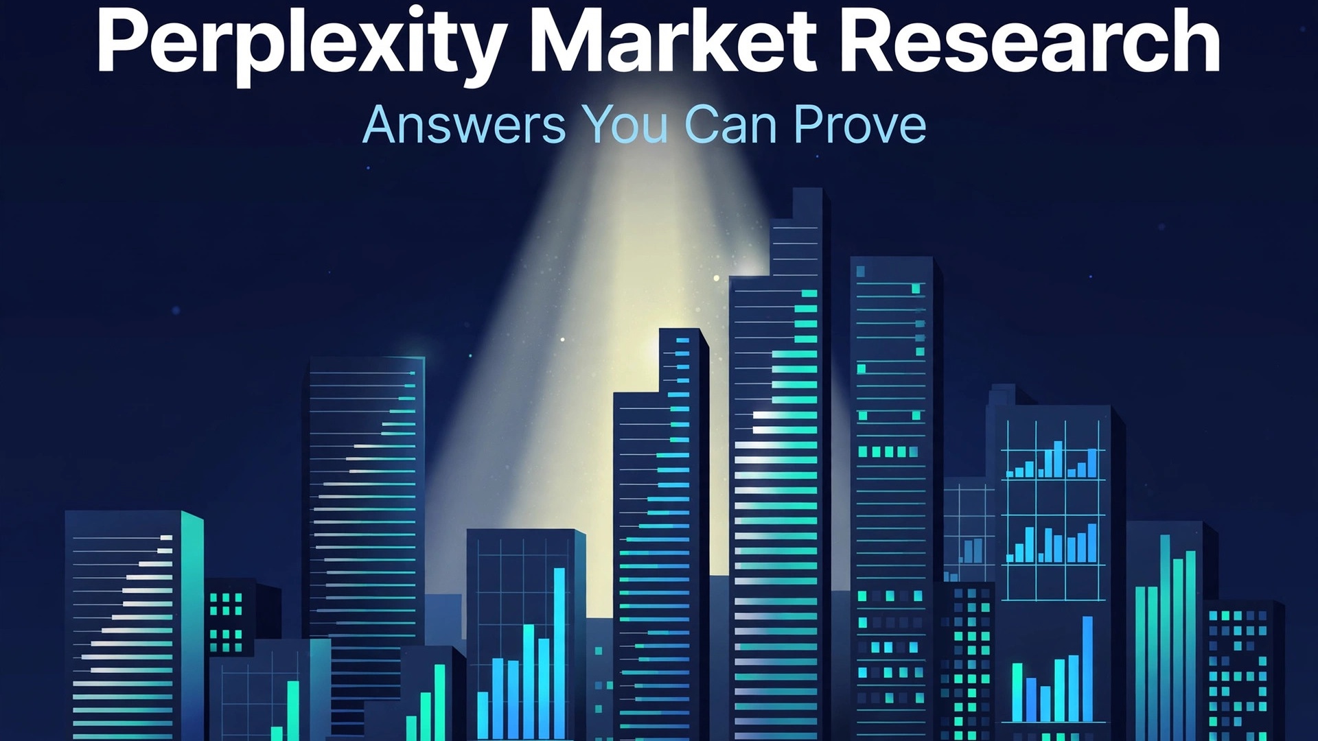 Use Perplexity for market research thumbnail with bar chart skyline under a searchlight