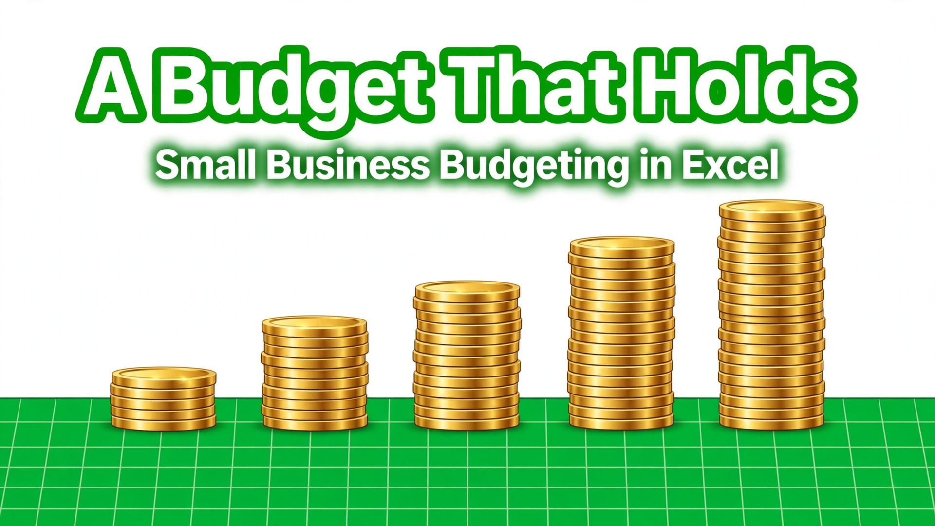 Use Excel for small business budget thumbnail with rising coin bar chart on a spreadsheet grid