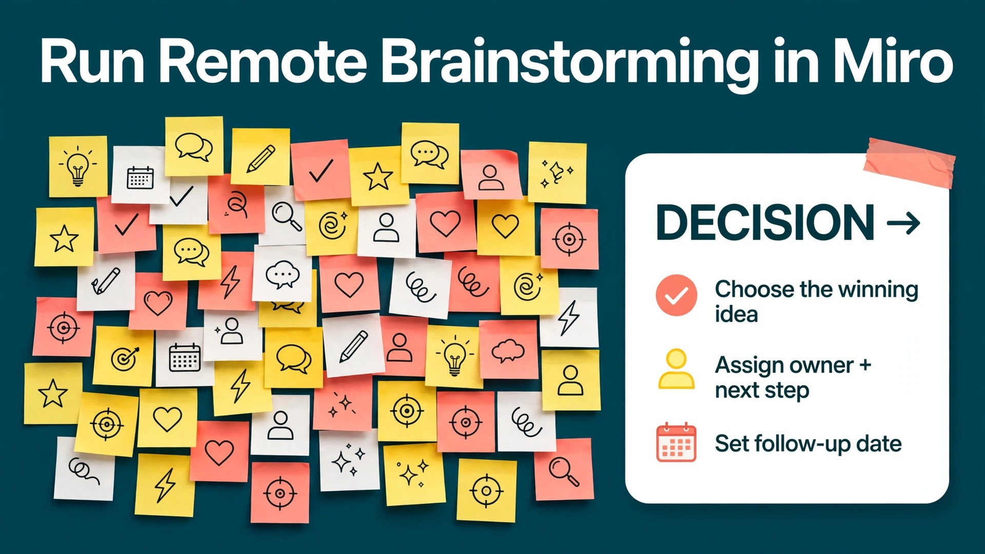 Use Miro for remote brainstorming thumbnail with sticky note wall pointing to a decision card