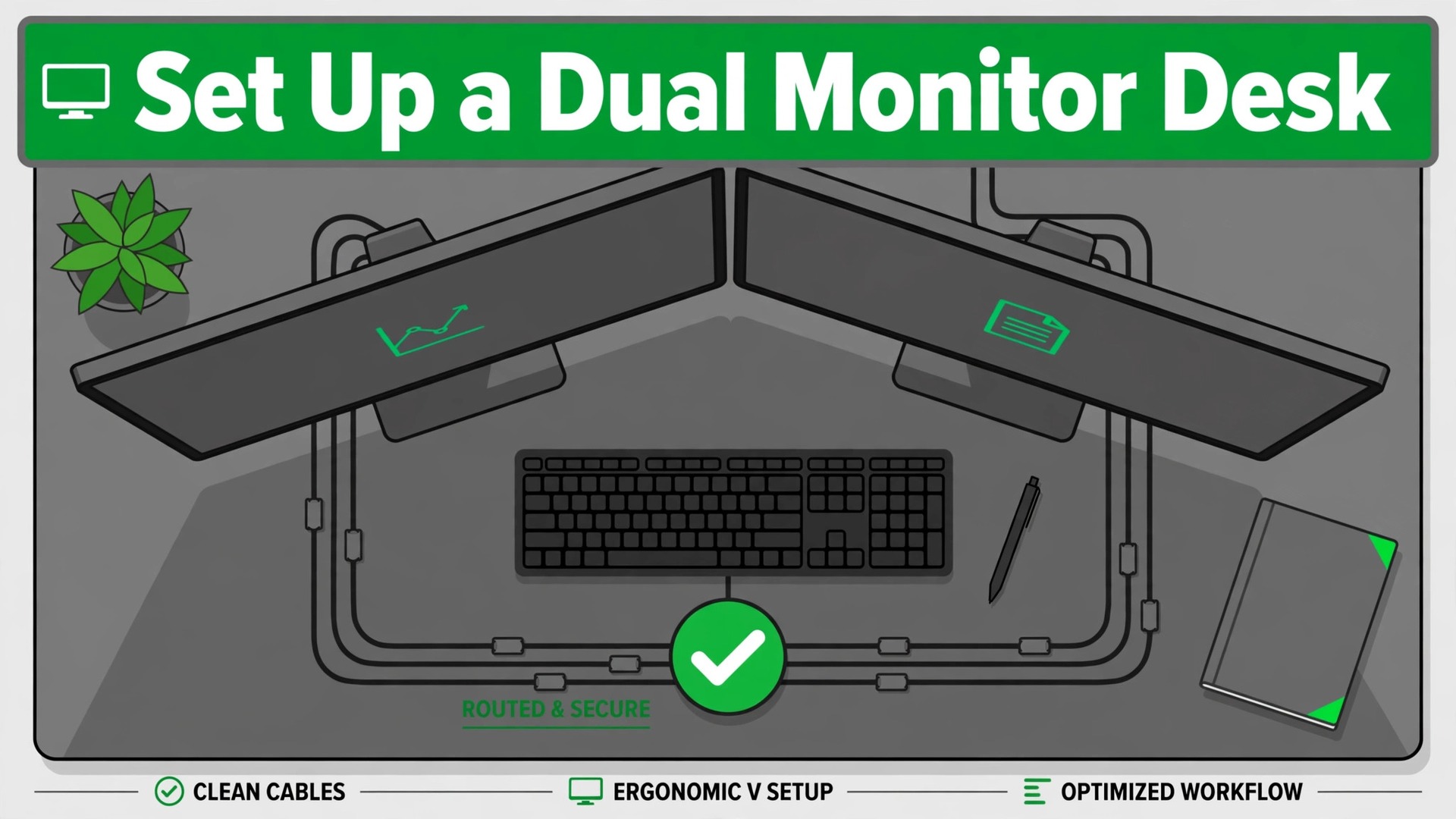 Set up dual monitor desk productivity thumbnail with overhead desk map and angled monitors