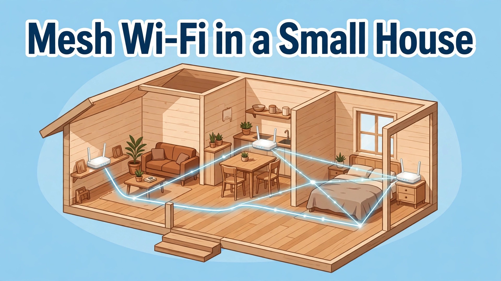 Set up mesh Wi-Fi small house thumbnail with house cutaway and glowing nodes