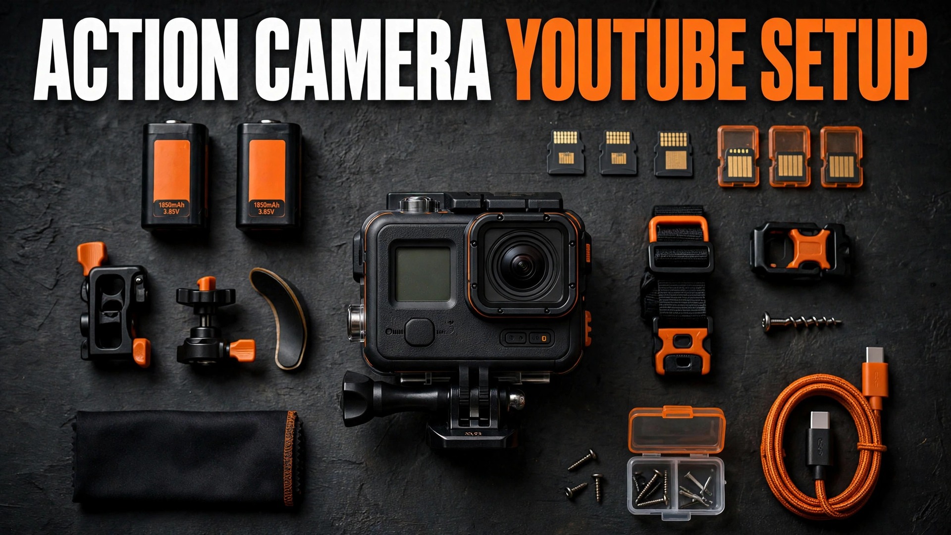 Use action camera for YouTube thumbnail with camera kit flat lay on a workbench