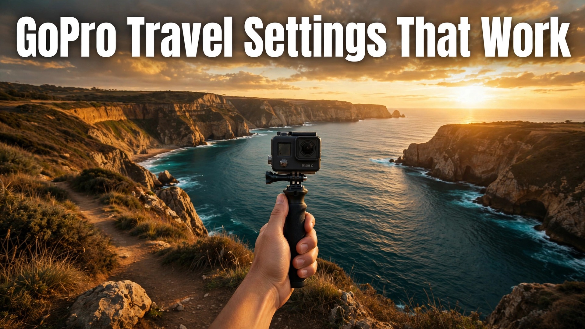 Use GoPro for travel vlogging thumbnail with camera above a coastal viewpoint at sunset