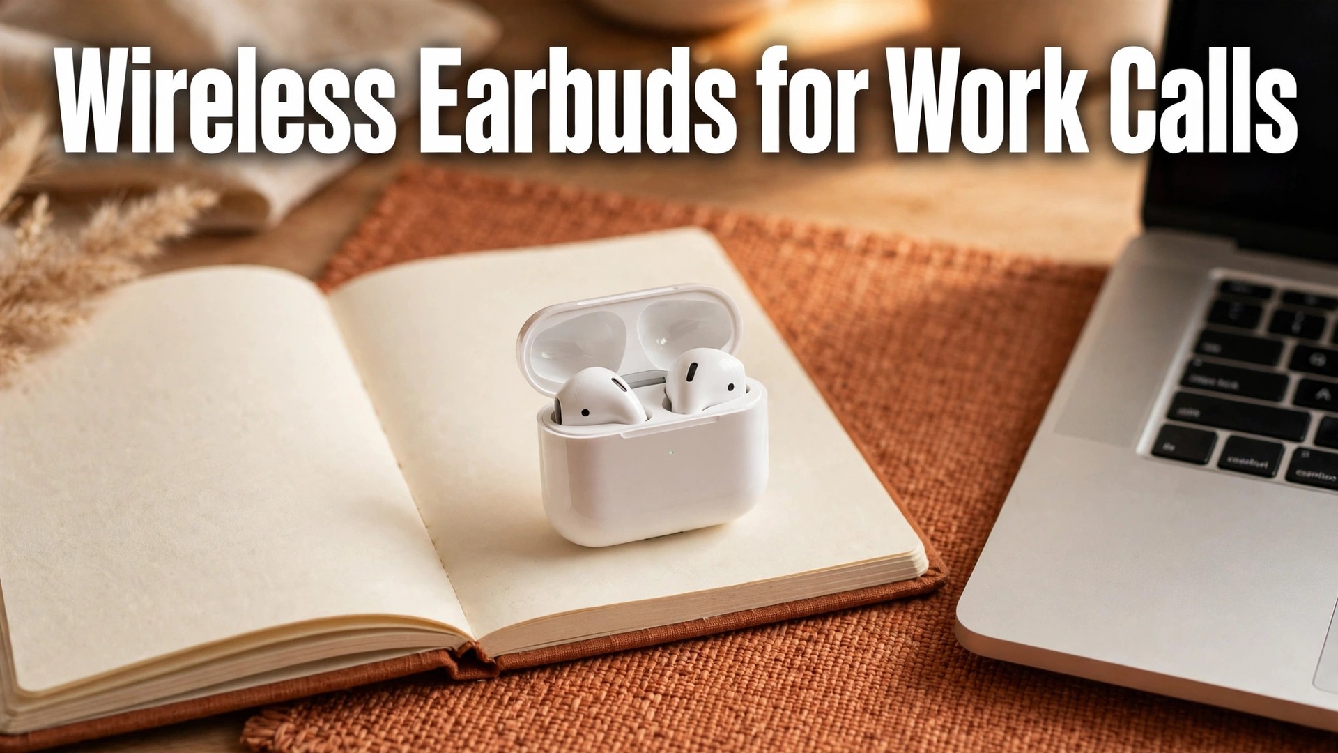 Use wireless earbuds for work calls thumbnail with charging case on a meeting notebook