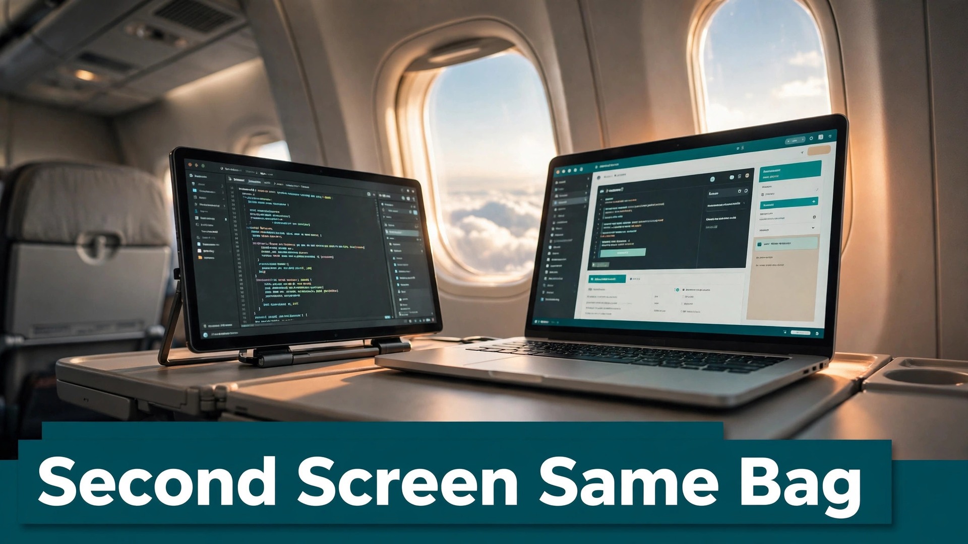 Set up portable monitor for laptop travel thumbnail with monitor and laptop on an airplane tray table