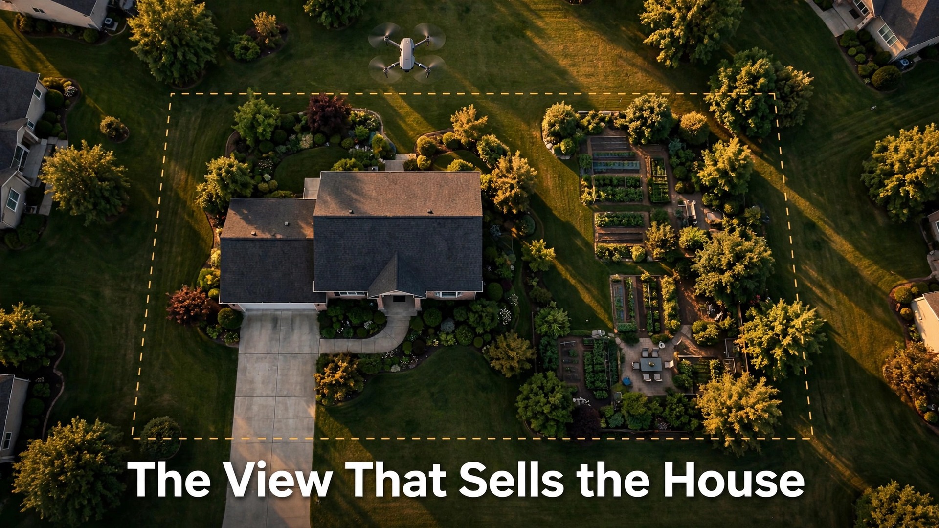 Use drone for property photos beginner thumbnail with drone above a house at golden hour