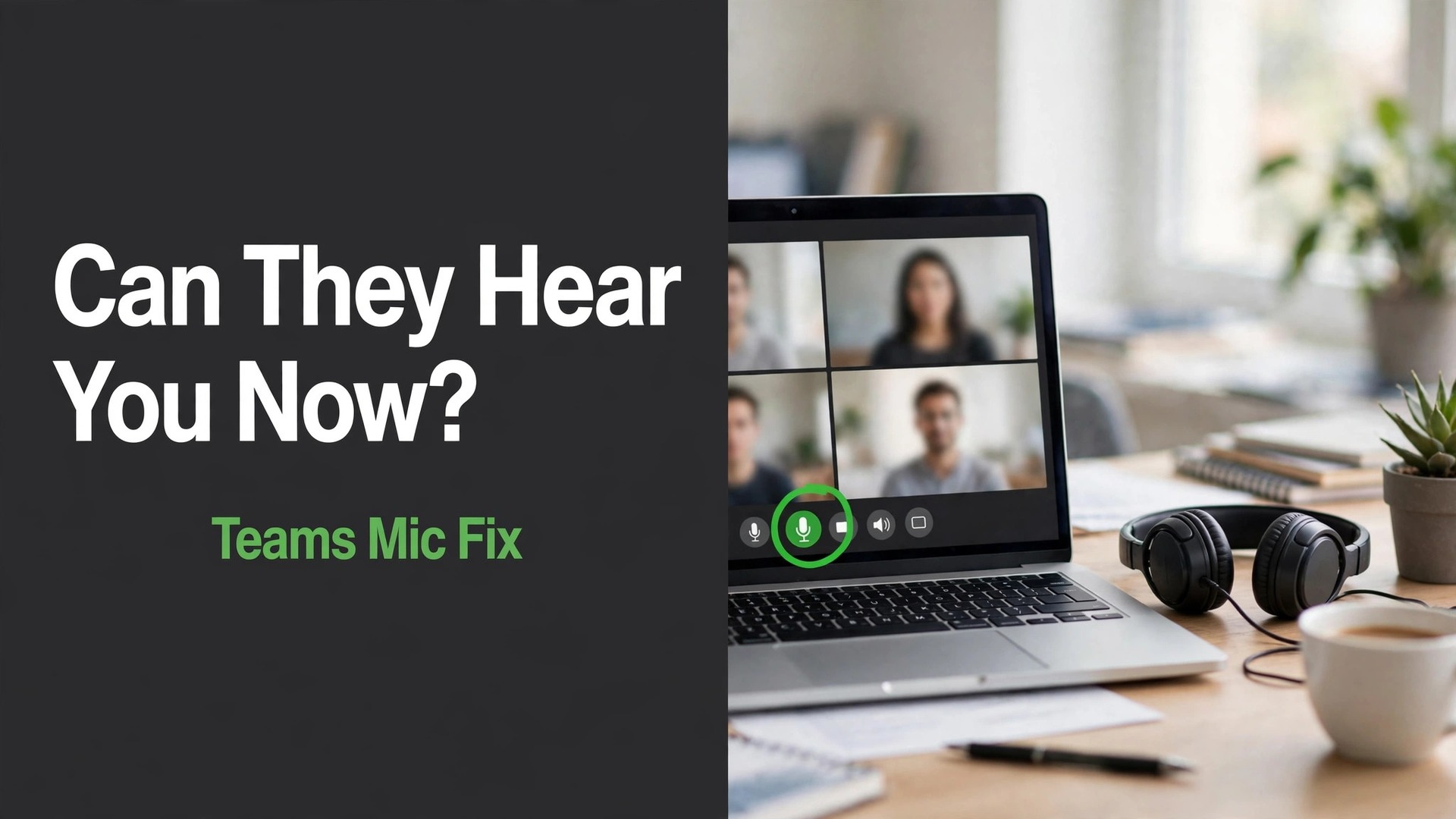Fix Teams microphone not working thumbnail with meeting laptop and circled mic button