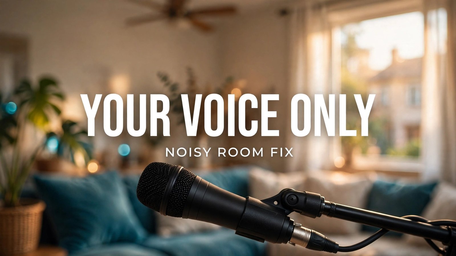 Best microphone for a noisy room thumbnail with boom microphone in a bright living room
