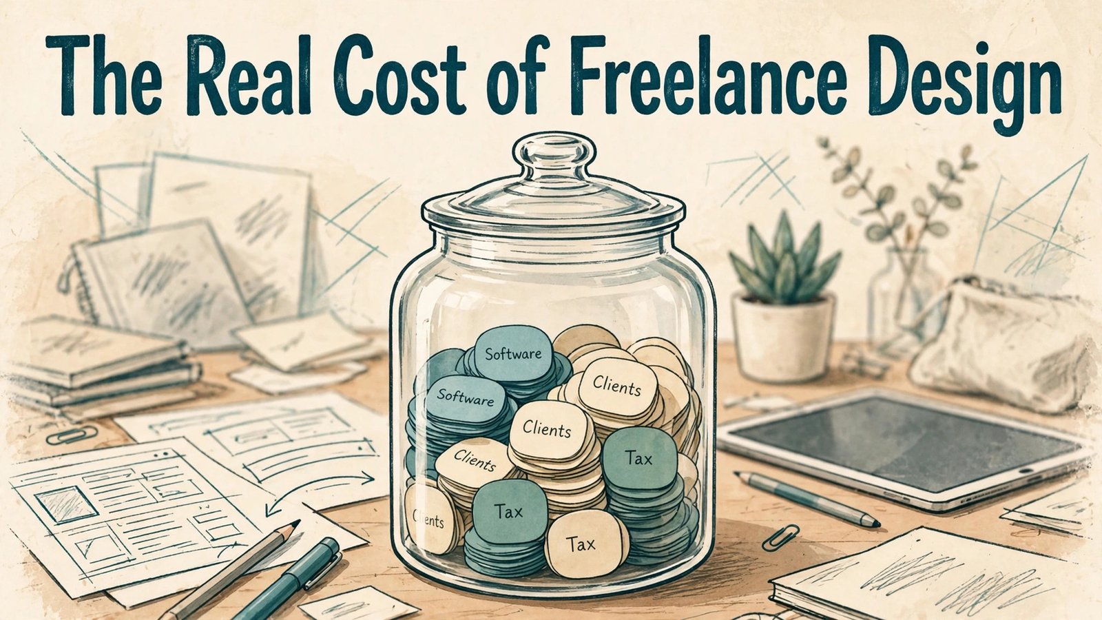 Cost of freelance graphic design business thumbnail with budget jar on designer desk