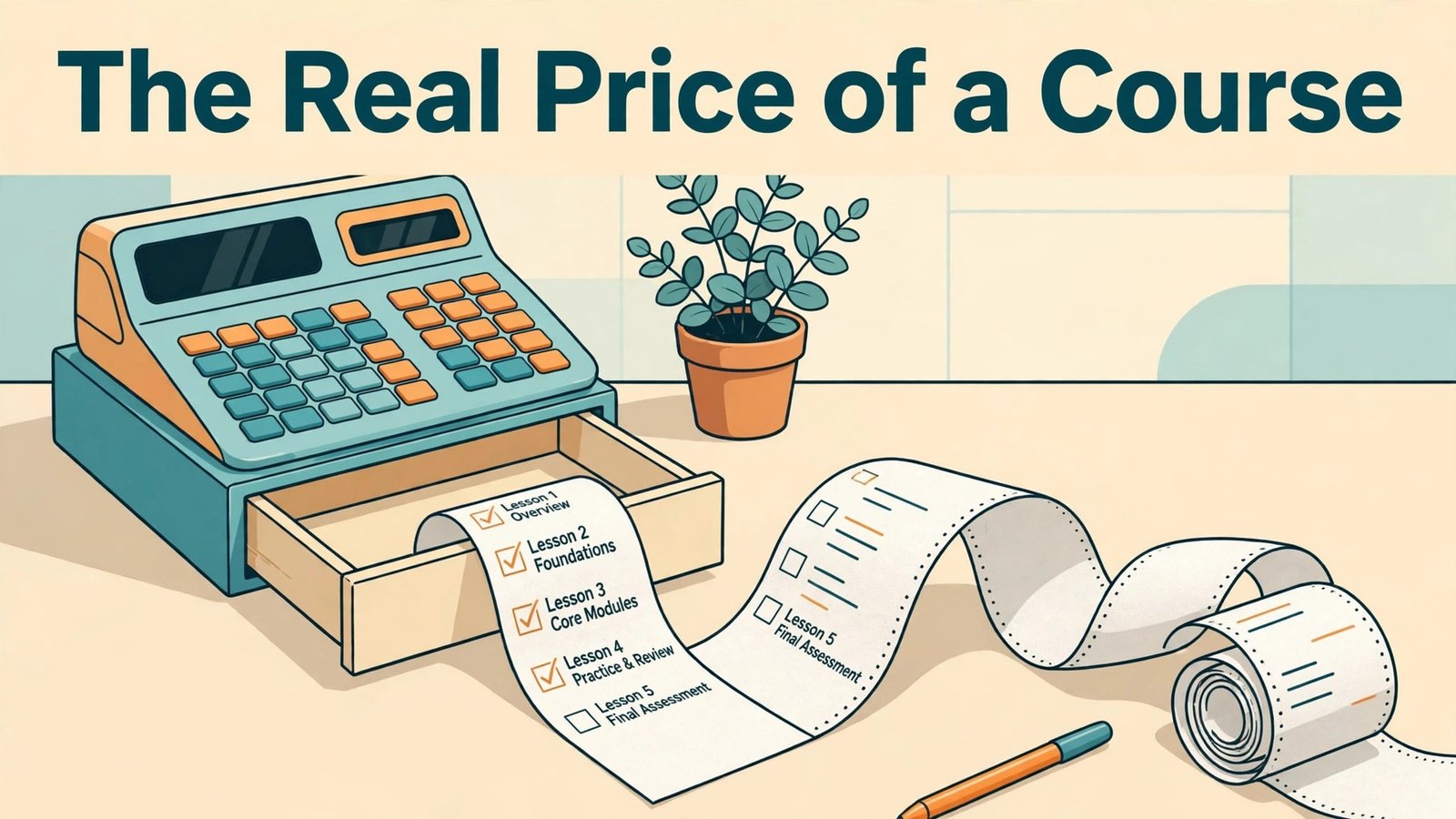 Cost of online course creation thumbnail with cash register and lesson tape