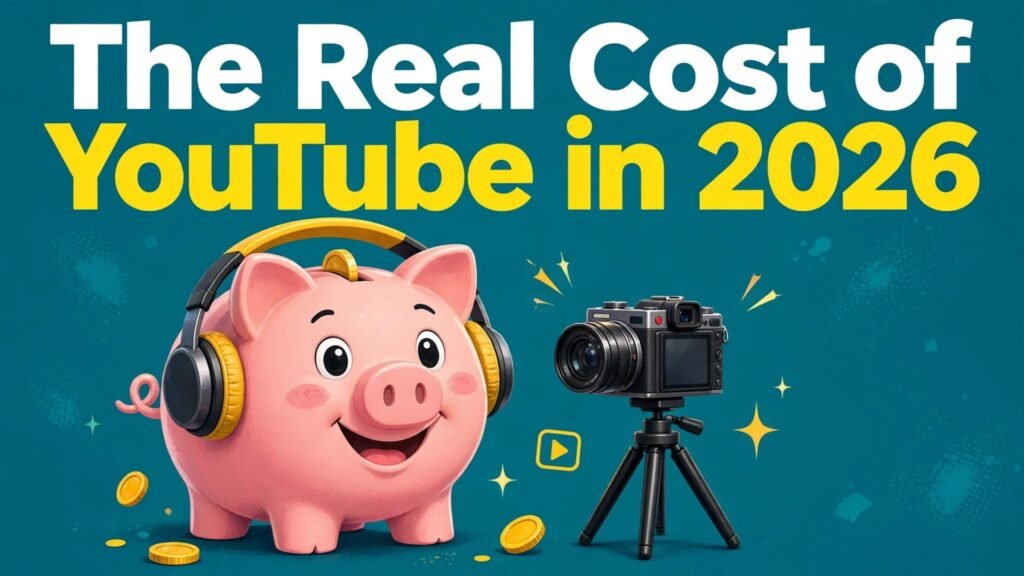 Cost of starting a YouTube channel thumbnail with piggy bank and camera