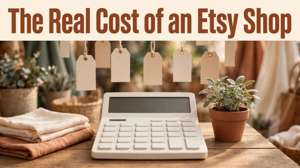 Cost of starting an Etsy shop thumbnail with calculator and blank price tags