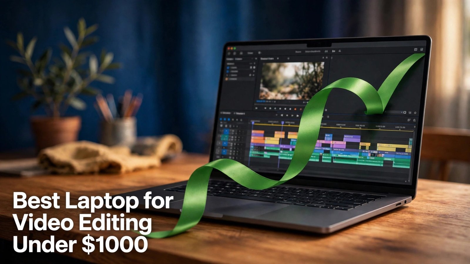 Best laptop for video editing under 1000 thumbnail with laptop and green checkmark ribbon