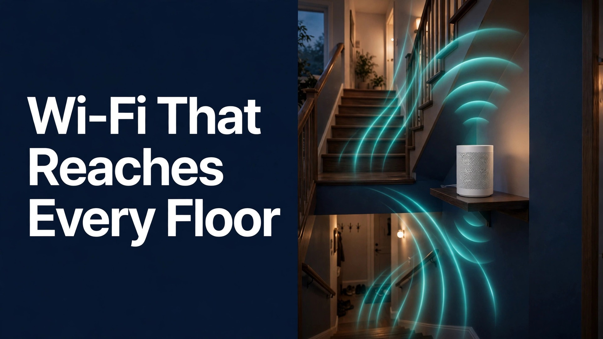 Best Wi-Fi router for 3-storey house thumbnail with mesh router on a stair landing