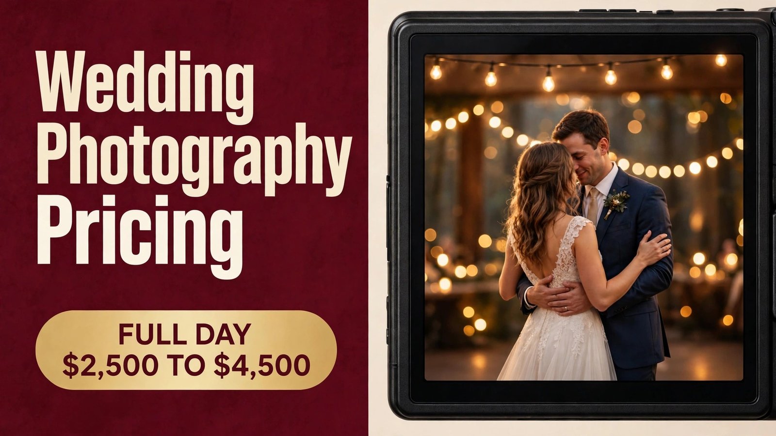 Wedding photography pricing packages thumbnail with camera viewfinder and full day price badge