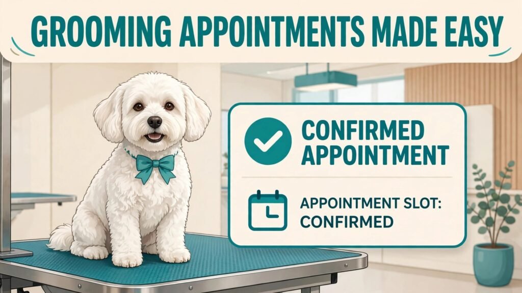Use AI for pet grooming appointments thumbnail with groomed dog and confirmed booking card