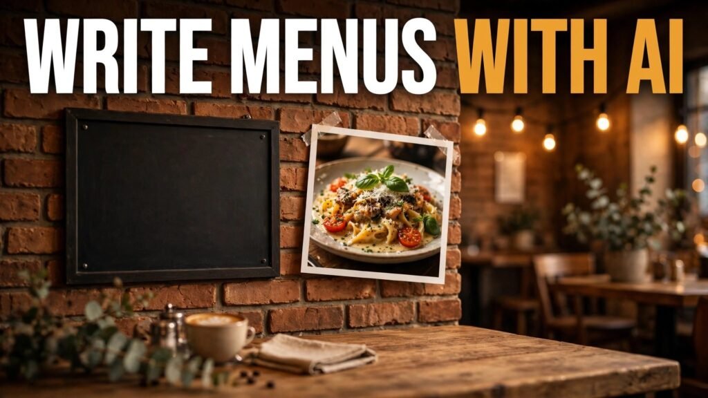 Use AI for restaurant menu descriptions thumbnail with chalkboard menu board and hero dish photo
