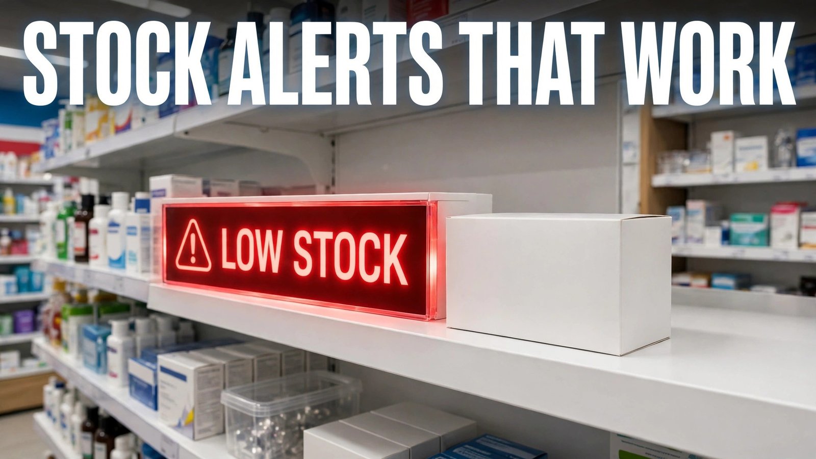 Use AI for pharmacy inventory alerts thumbnail with low stock warning shelf label