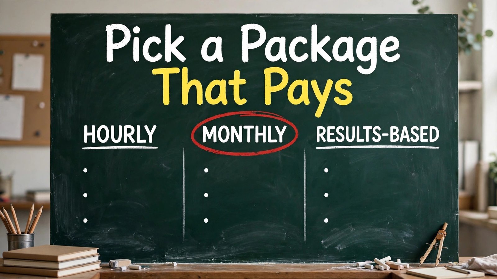 Tutoring business pricing packages thumbnail with three pricing tiers on a chalkboard