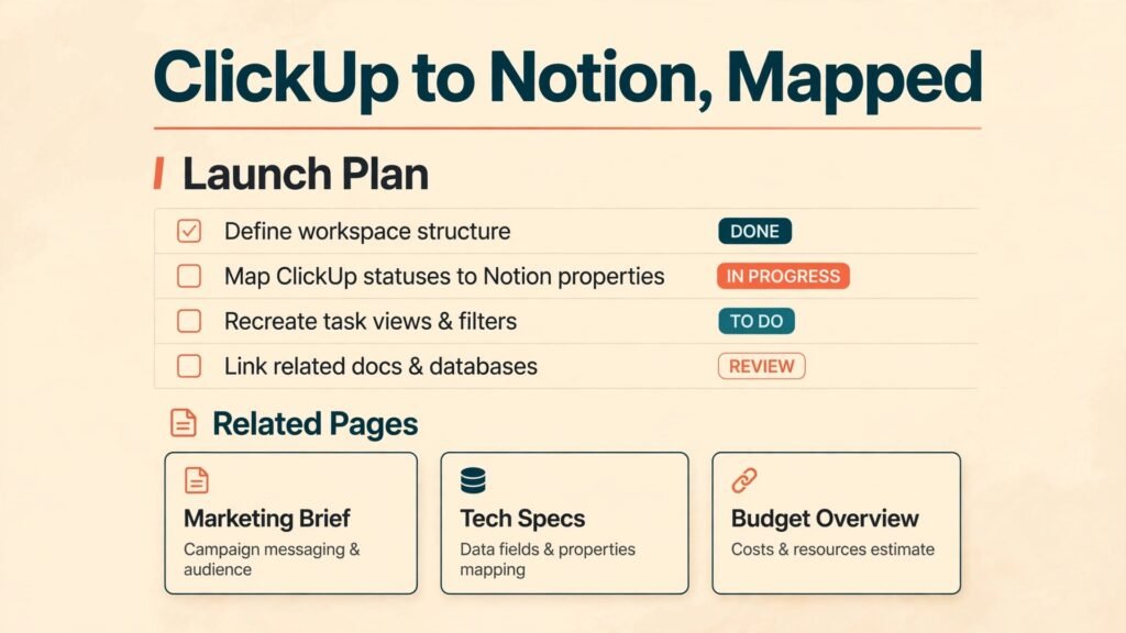 Switch ClickUp to Notion thumbnail with team migration launch plan checklist