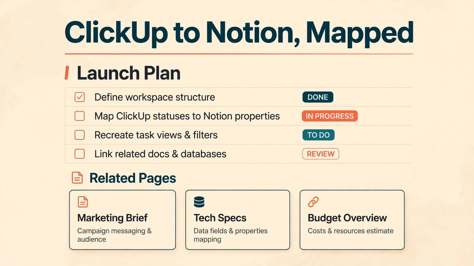Switch ClickUp to Notion thumbnail with team migration launch plan checklist