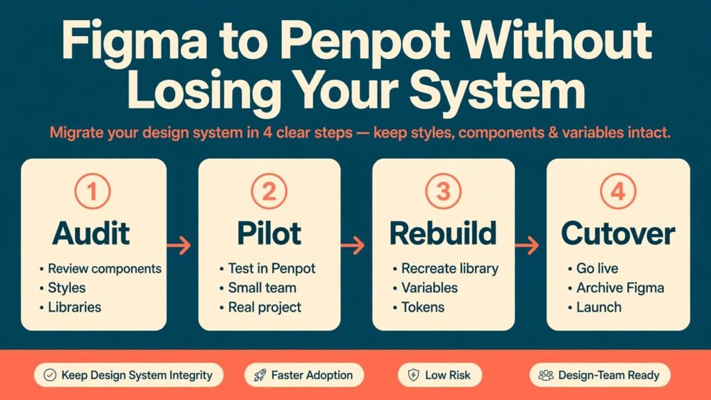 Switch Figma to Penpot thumbnail with four step migration plan cards