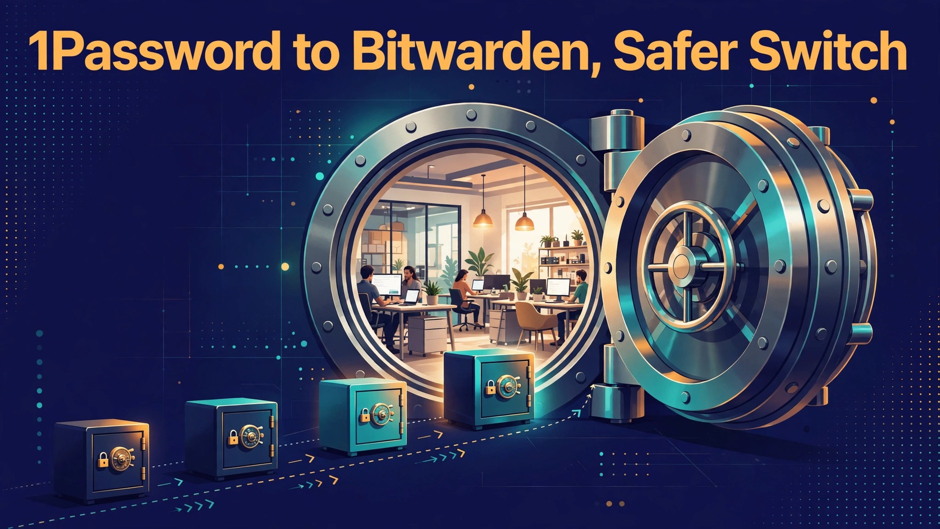 Migrate 1Password to Bitwarden thumbnail with vault doors for a team move